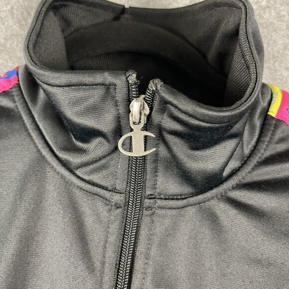 Champion Tricot Track Jacket Mens Medium Black Full Zip Colorful Logo Sporty - Picture 7 of 16